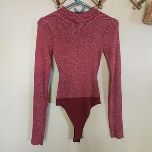 Lulus Red Ribbed Sparkle Mock Neck Long Sleeve Bodysuit Size Small Holiday